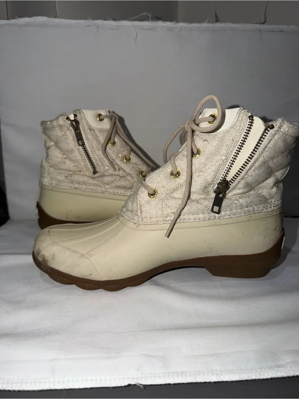 Sperry Boots Syren Gulf Wool Quilted Ivory Tan Zip Up Winter Shoes 8 Duck Boot